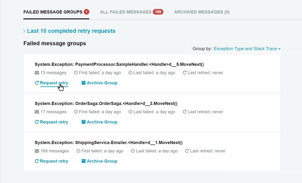 Zoom in to see retrying groups of failed messages in the ServicePulse application