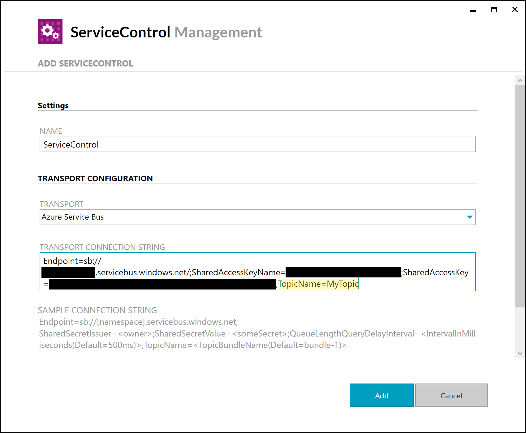 Connection String in ServiceControl Management Utility