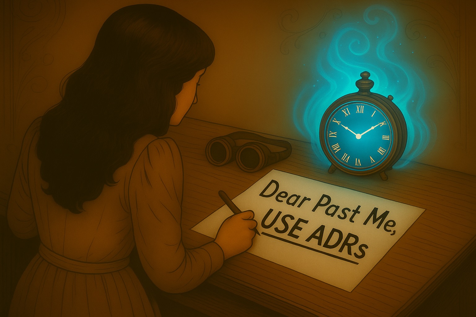 A woman writes a letter to her past self to use ADRs. A glowing clock suggests she has traveled back in time.