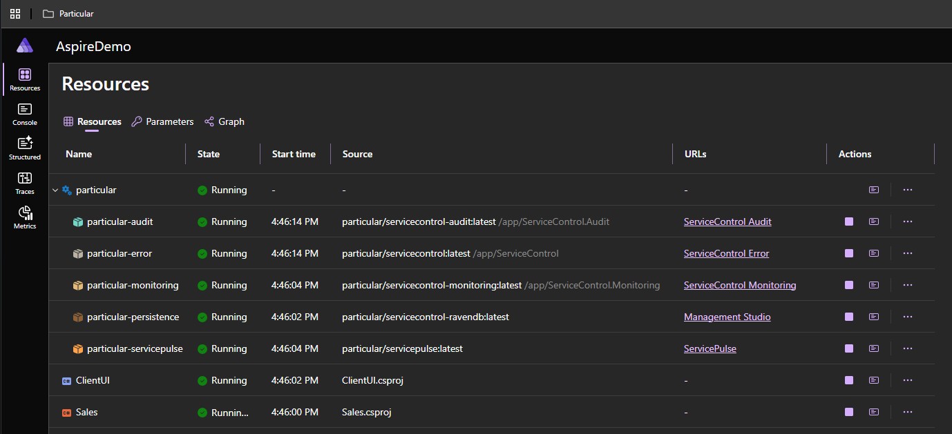 Aspire dashboard showing the Particular Platform parent node with ServiceControl and ServicePulse nested as healthy children