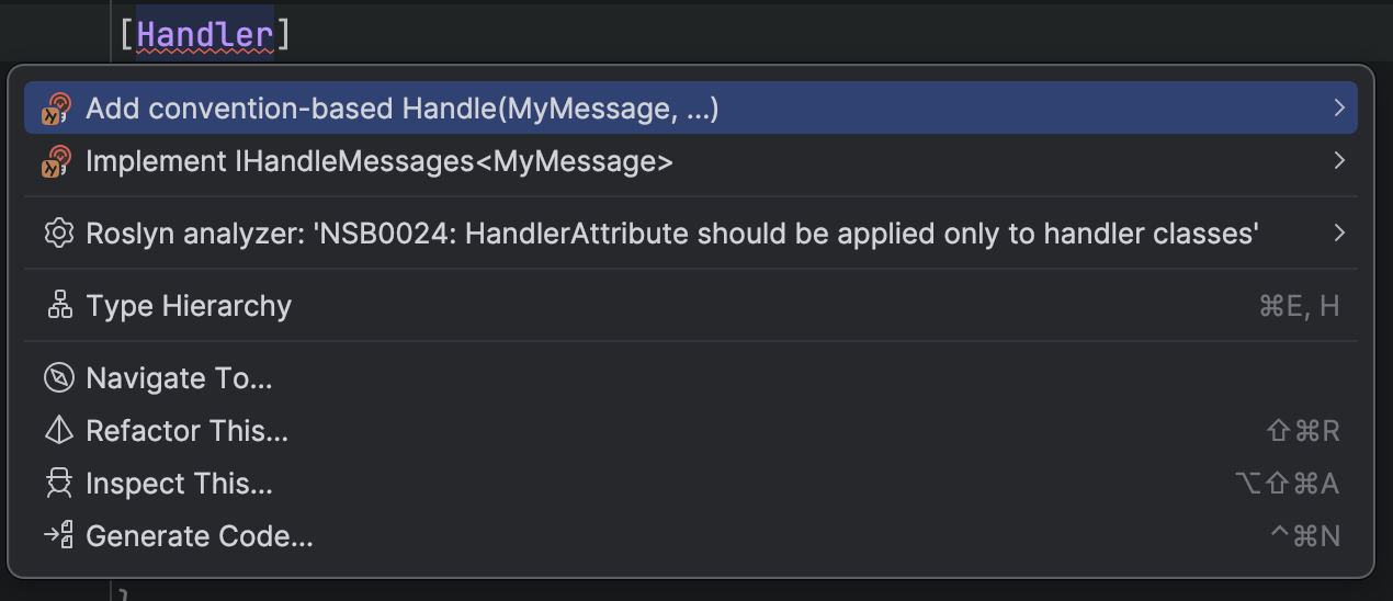 Code fix options include IHandleMessages and convention-based options