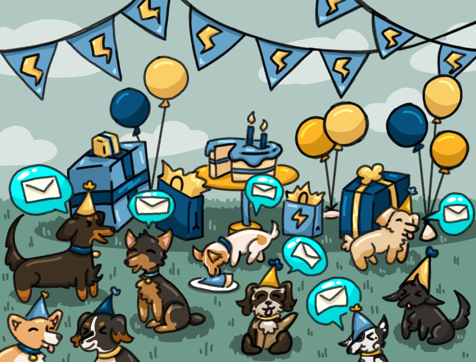 An Azure Functions party showing many celebrating dogs, representing multiple endpoints running within a single Azure Functions app