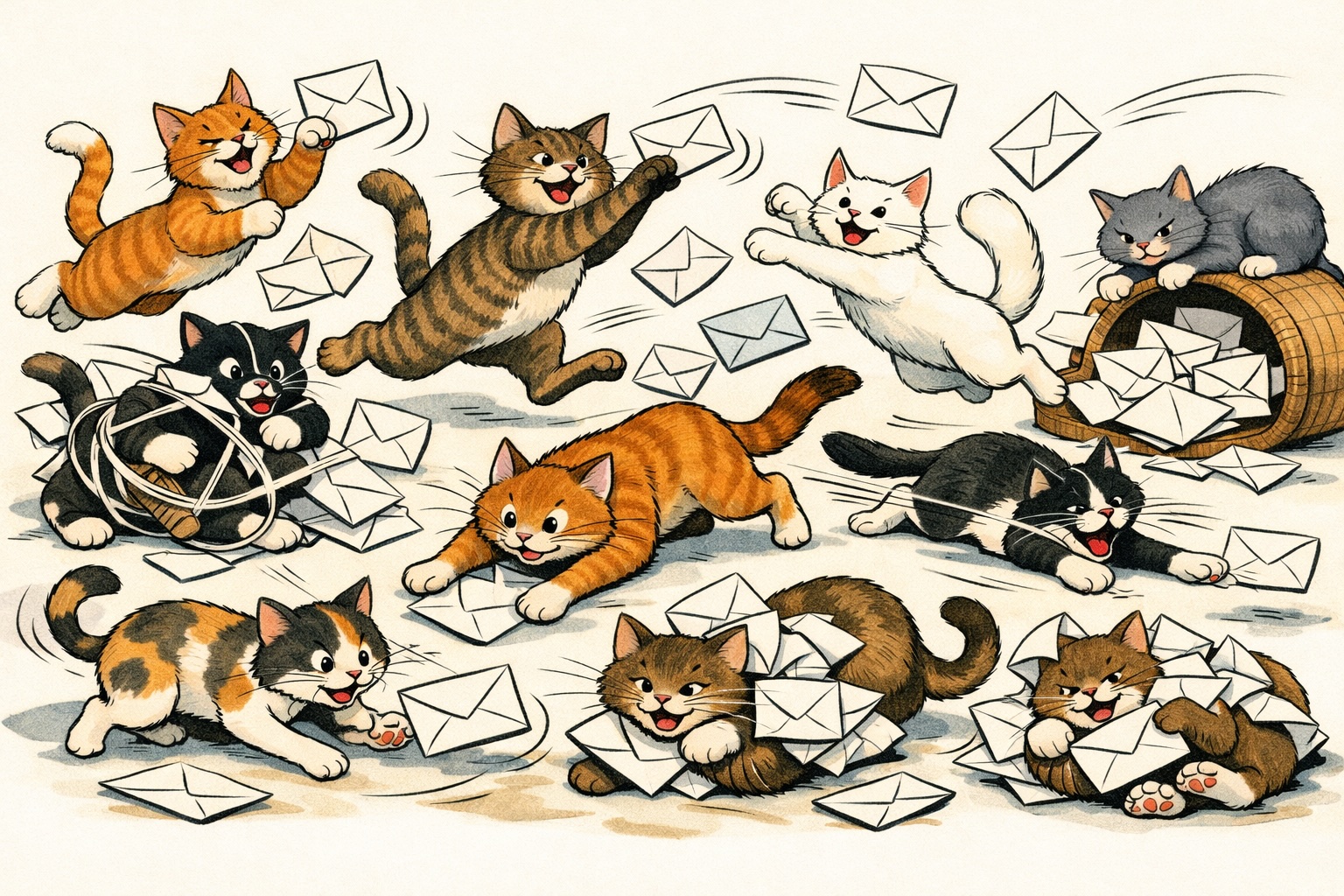 Multiple cats representing messaging endpoints, all chasing envelopes that represent messages