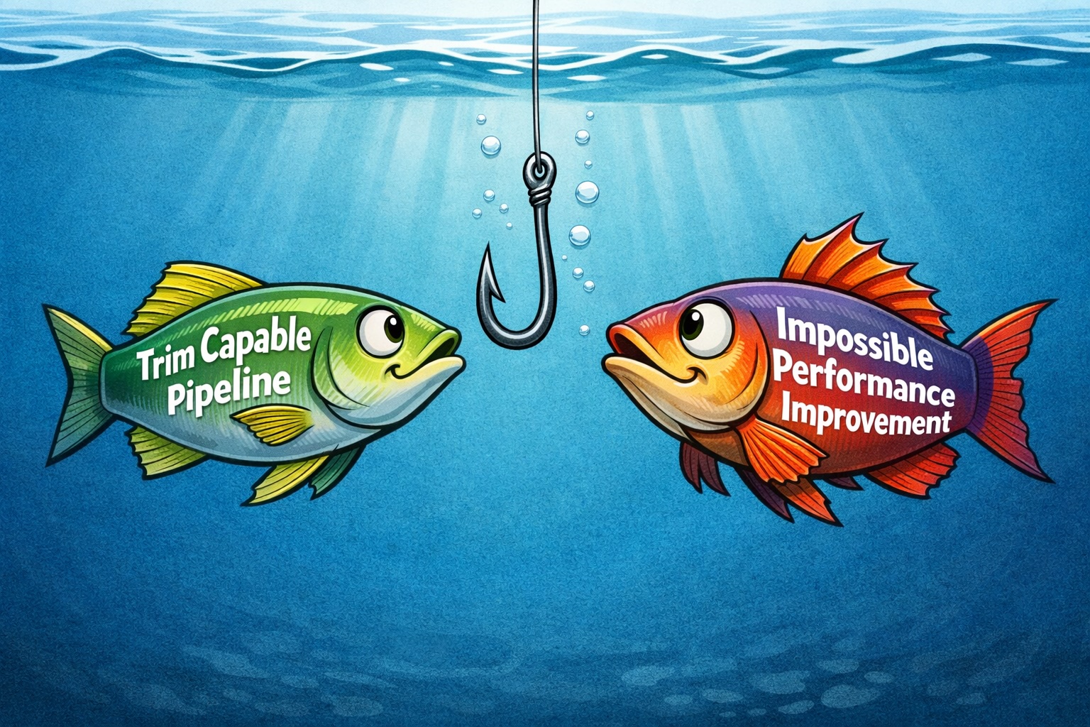 Two fish, one representing a trim-capable pipeline, the other representing an impossible performance improvement, both eyeing a fish hook lowered into the water