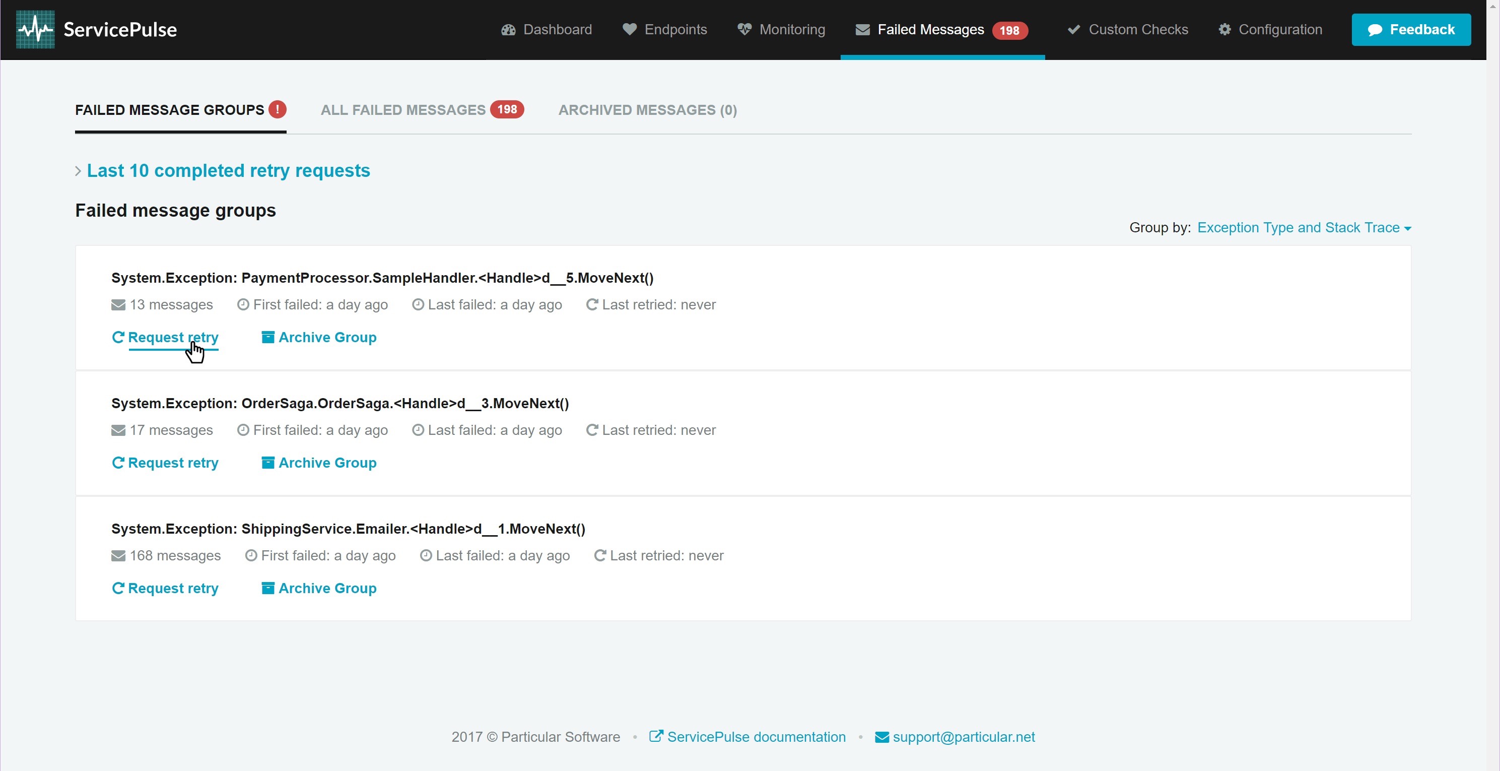 Retrying groups of failed messages in the ServicePulse application